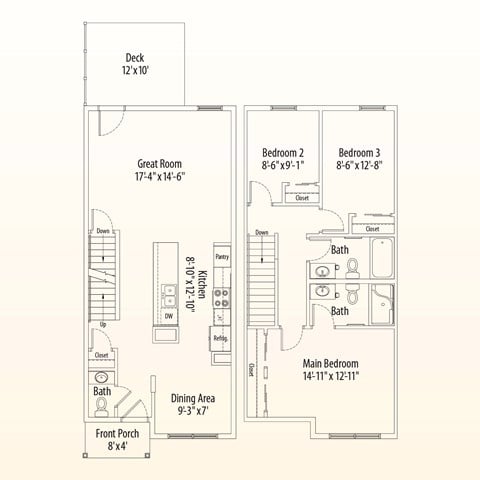 Floor plan for 3 beds, 2.5 baths, 1229 sqft